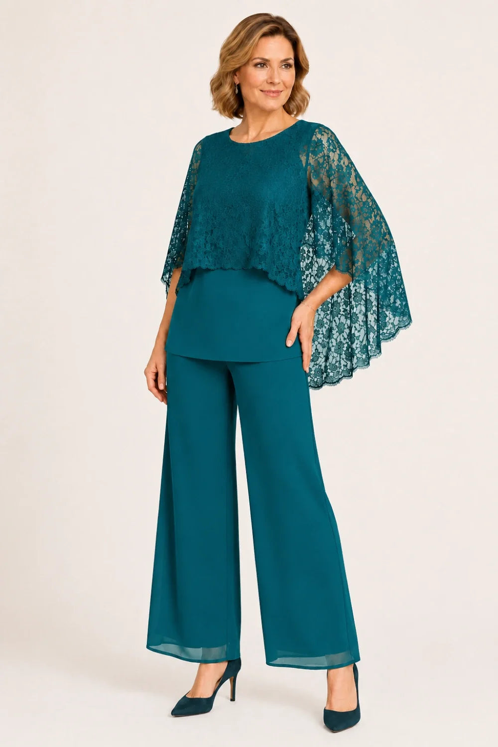 Lace Cape Mother of the Bride Pant Suit with Wide Legs