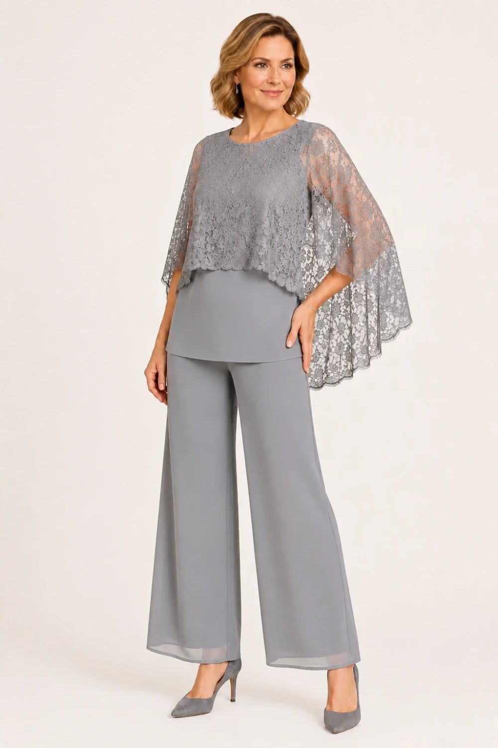 Lace Cape Mother of the Bride Pant Suit with Wide Legs