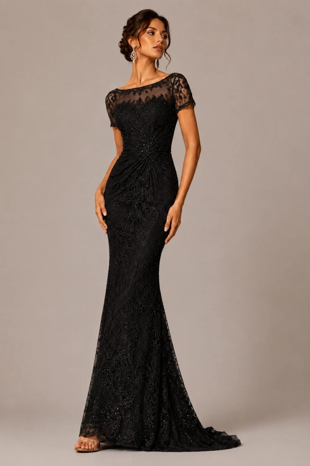 Lace Sequin Short Sleeve Mermaid Evening Gown
