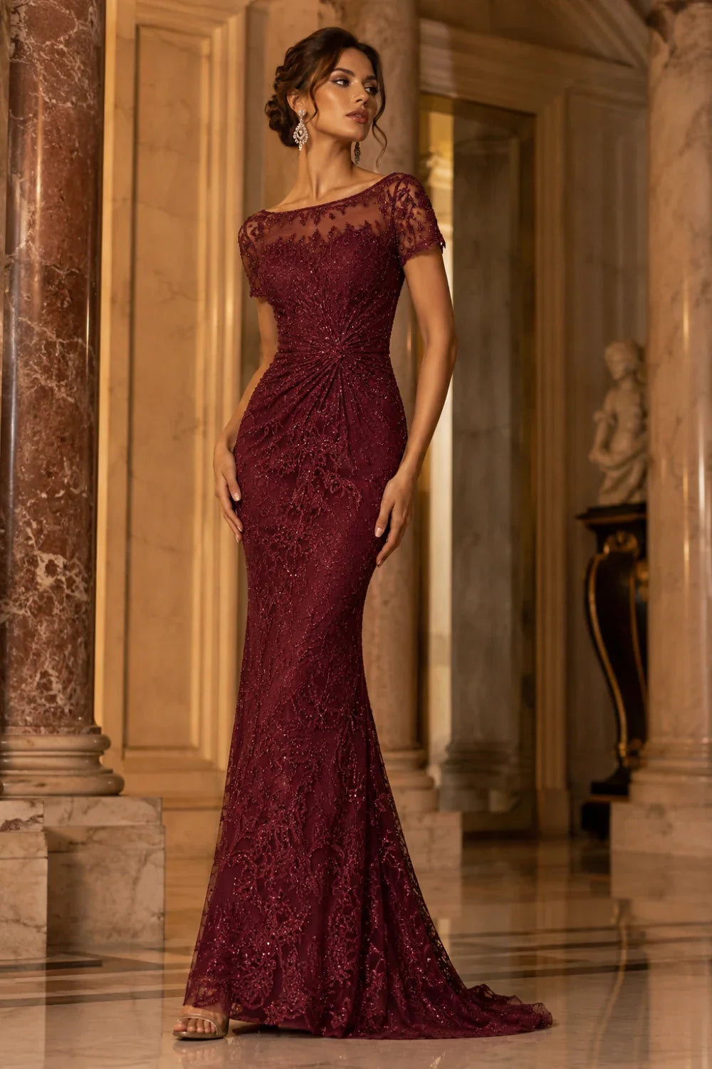 Lace Sequin Short Sleeve Mermaid Evening Gown