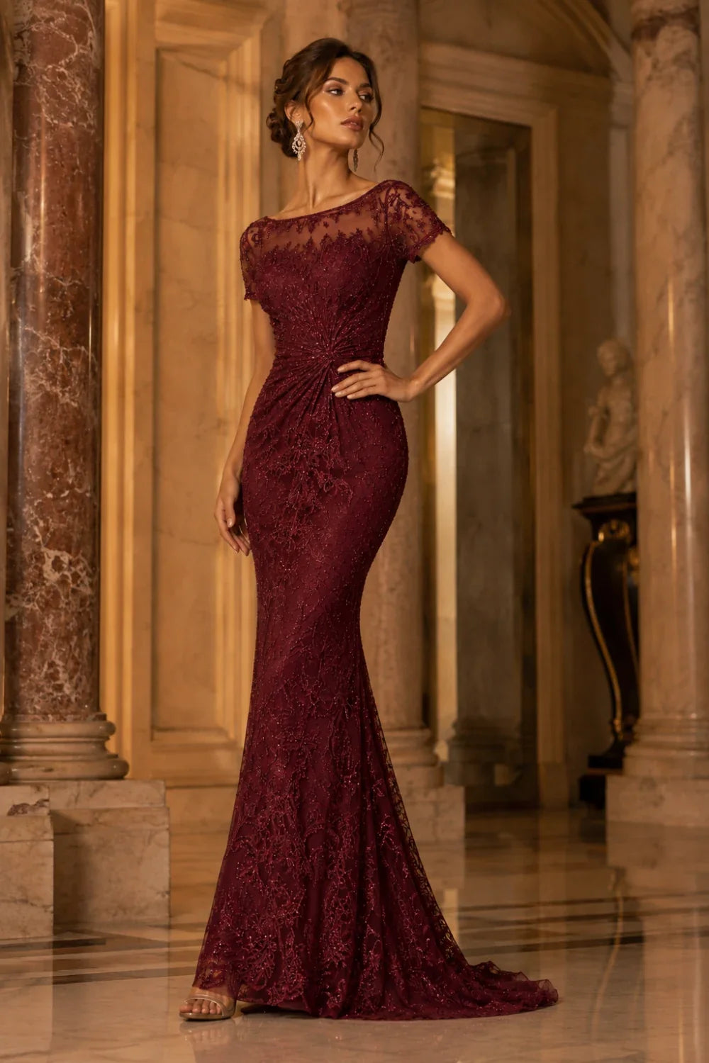 Lace Sequin Short Sleeve Mermaid Evening Gown
