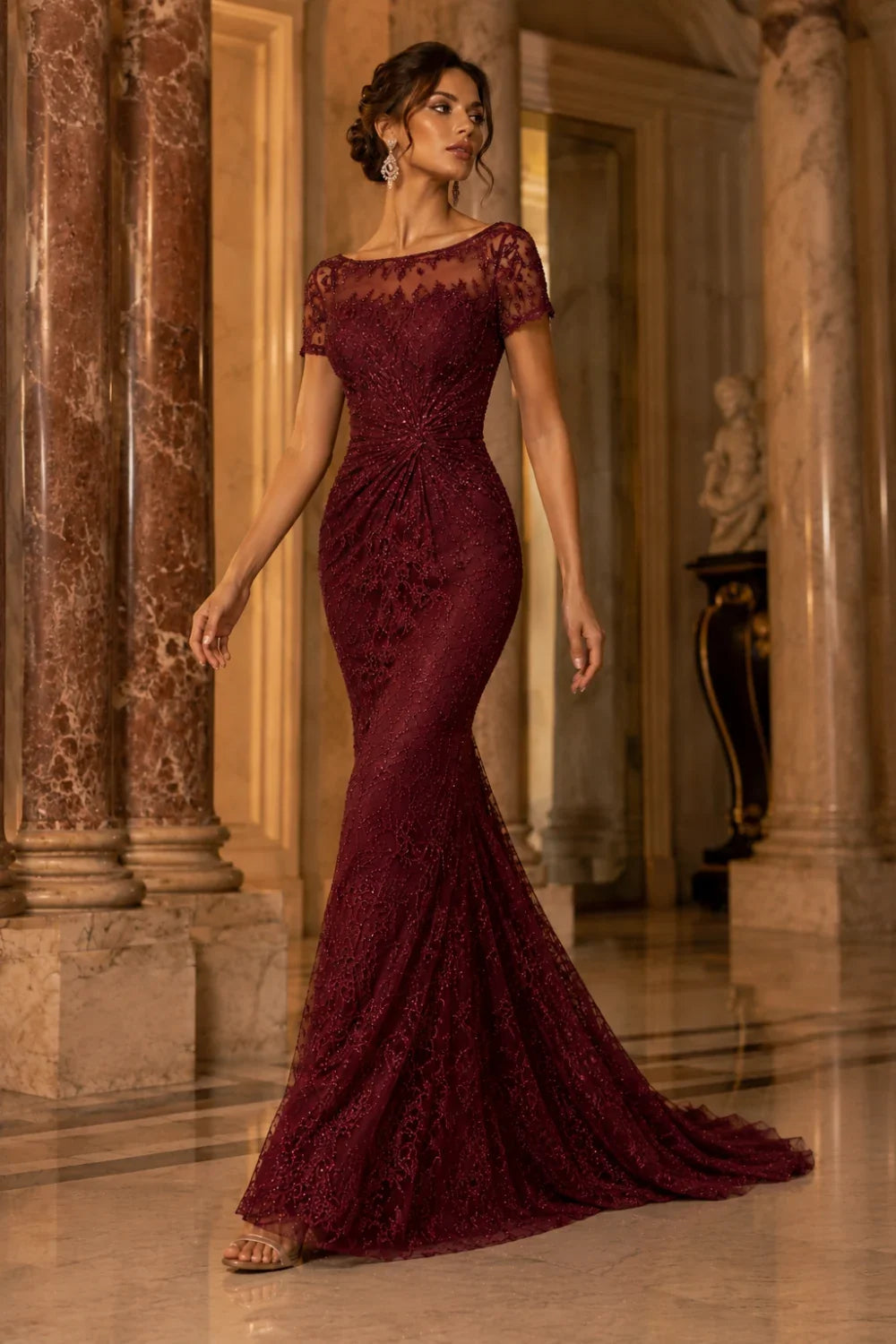 Lace Sequin Short Sleeve Mermaid Evening Gown