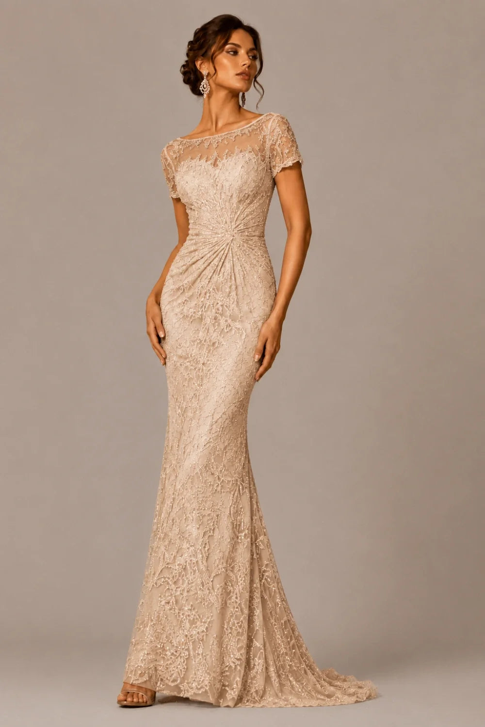 Lace Sequin Short Sleeve Mermaid Evening Gown