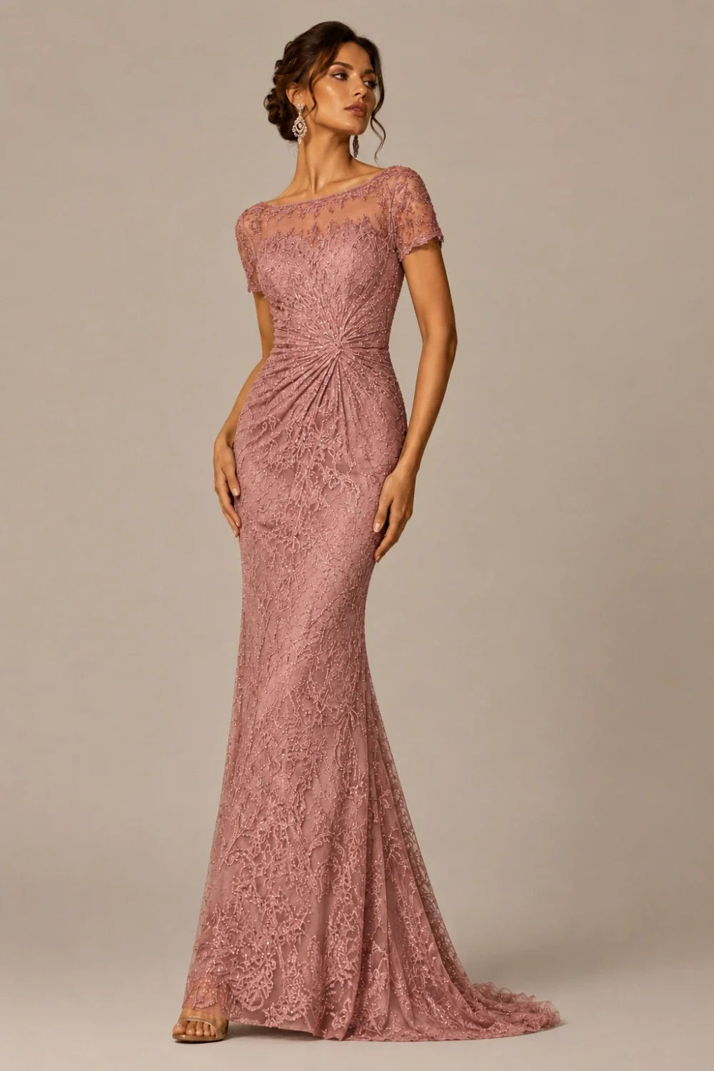 Lace Sequin Short Sleeve Mermaid Evening Gown