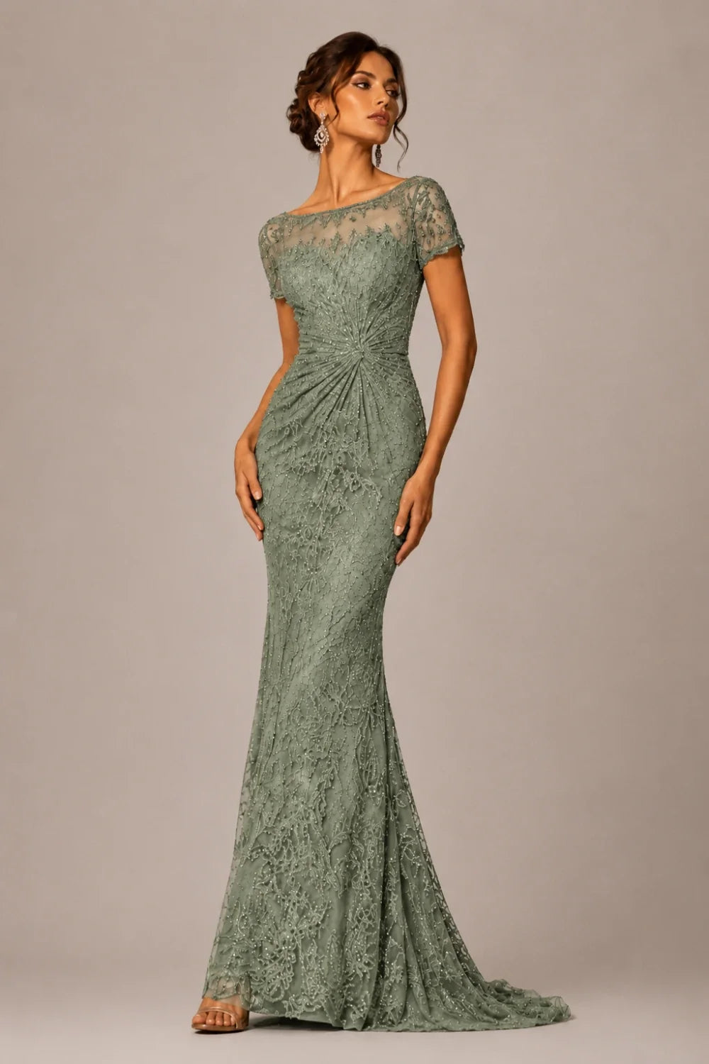 Lace Sequin Short Sleeve Mermaid Evening Gown