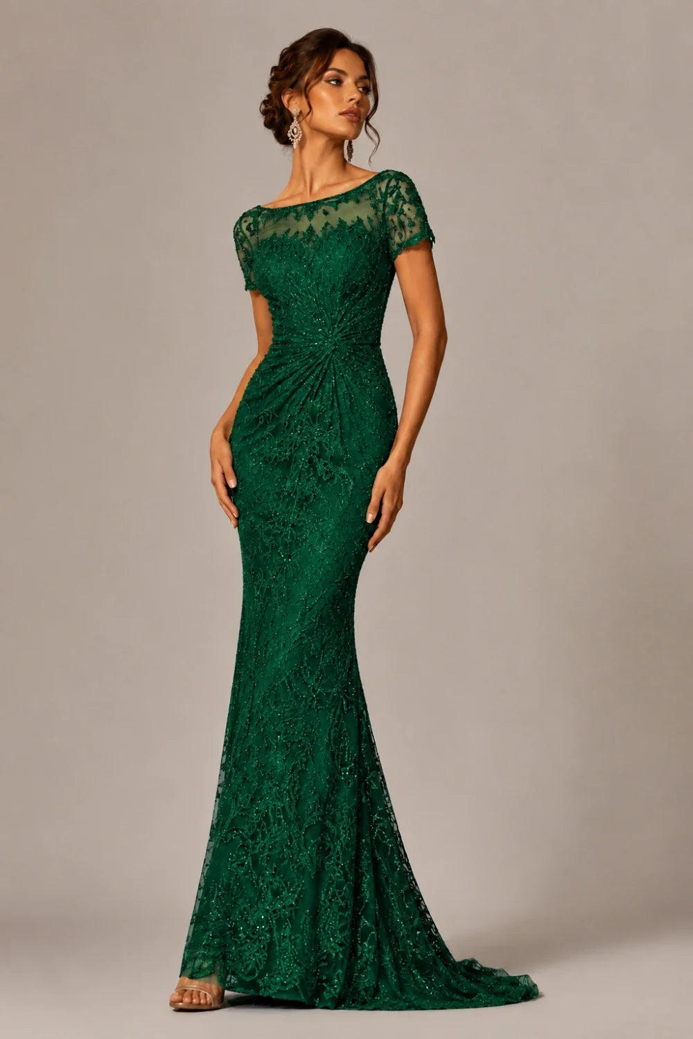 Lace Sequin Short Sleeve Mermaid Evening Gown