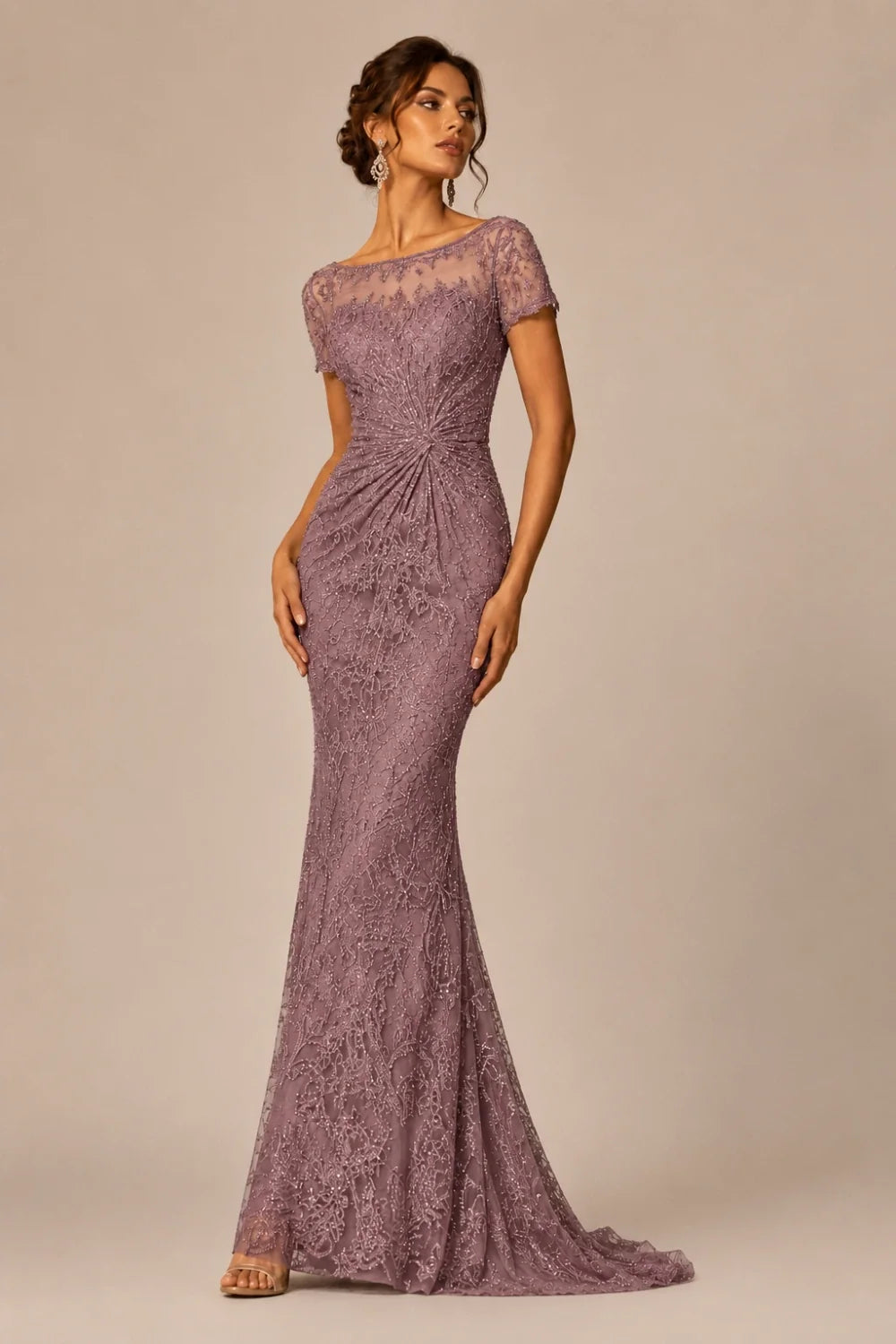 Lace Sequin Short Sleeve Mermaid Evening Gown