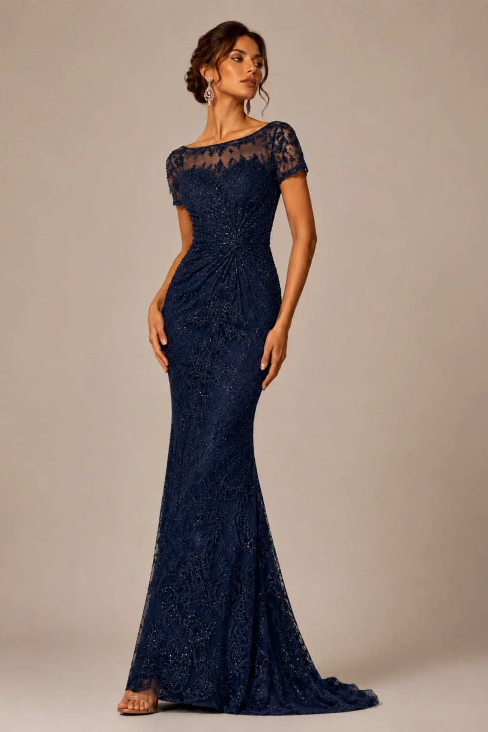 Lace Sequin Short Sleeve Mermaid Evening Gown