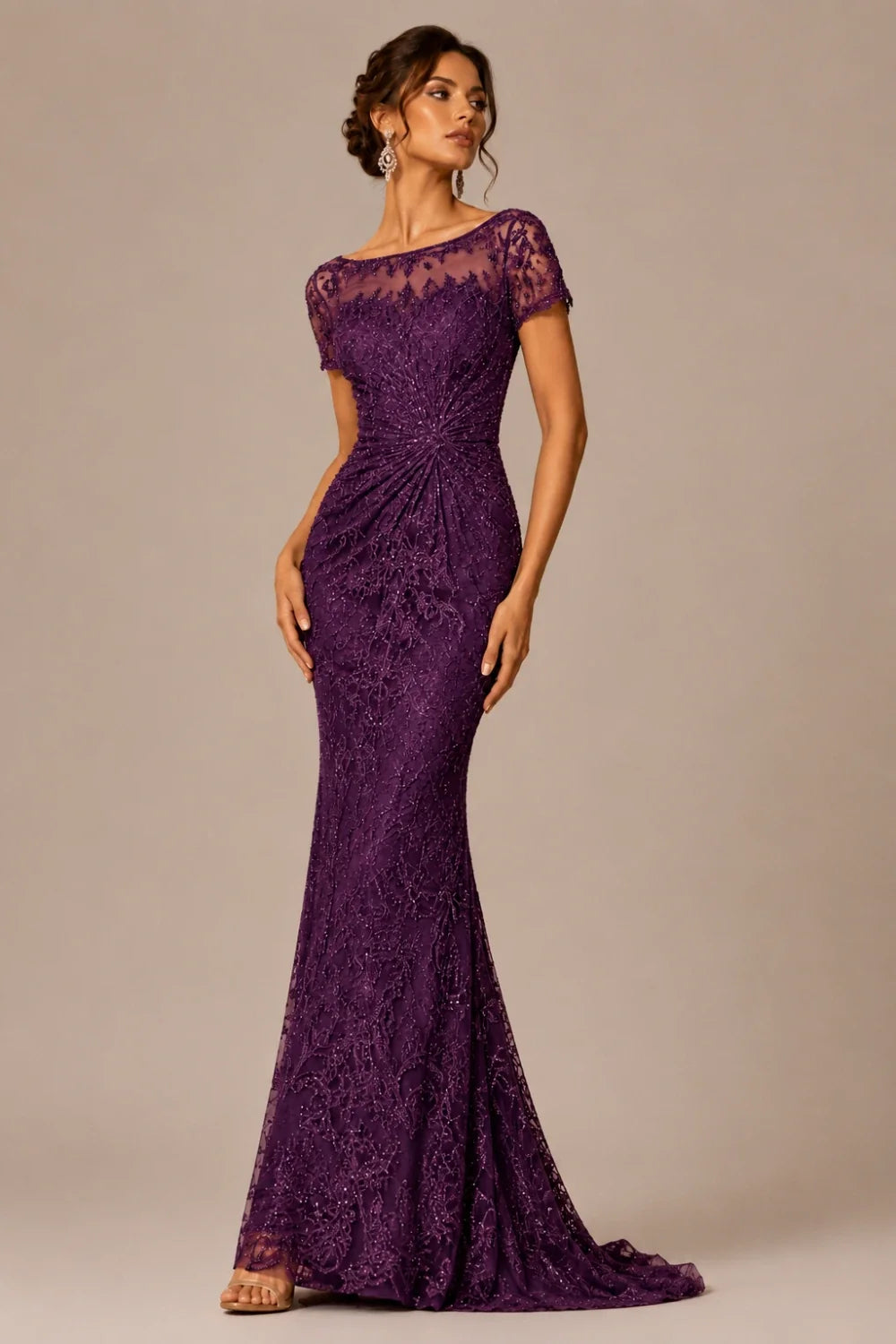 Lace Sequin Short Sleeve Mermaid Evening Gown