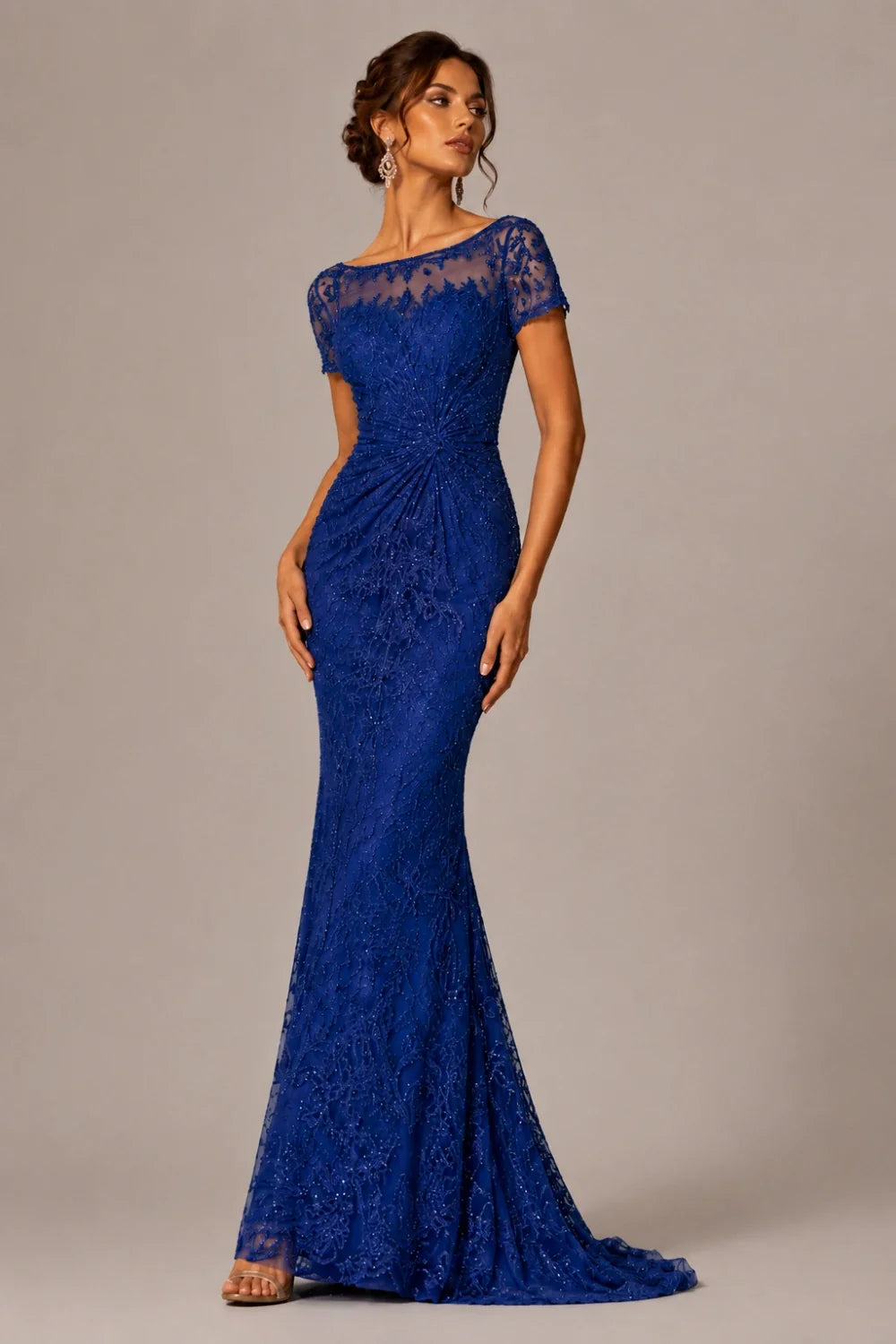 Lace Sequin Short Sleeve Mermaid Evening Gown
