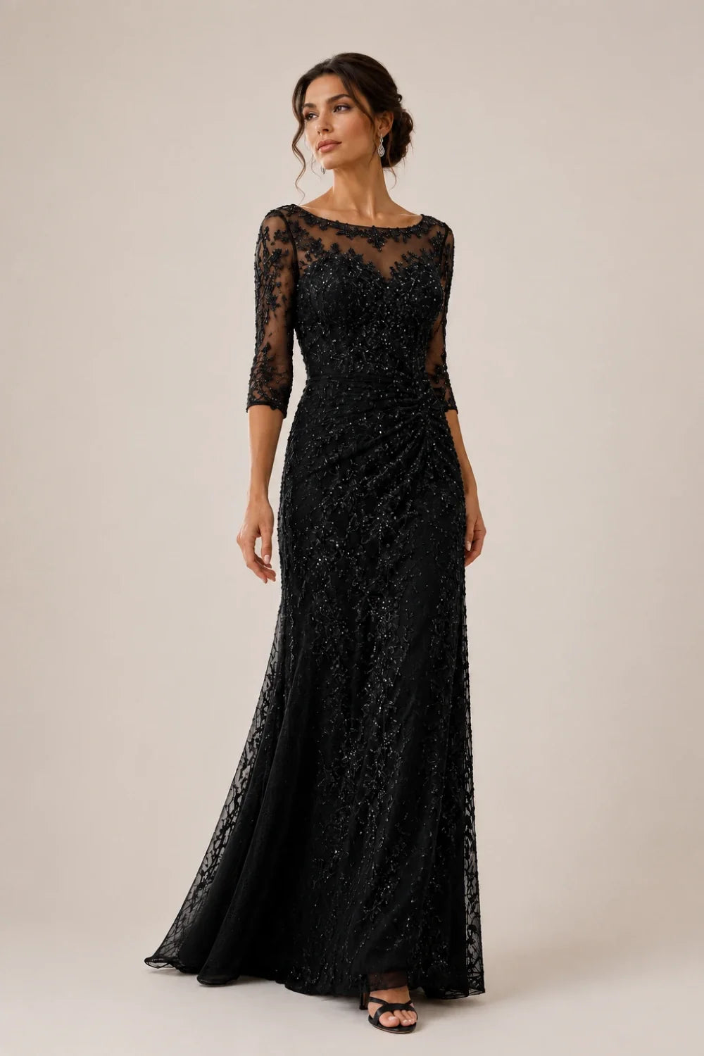 Lace Sequin Three-Quarter Sleeve Evening Gown
