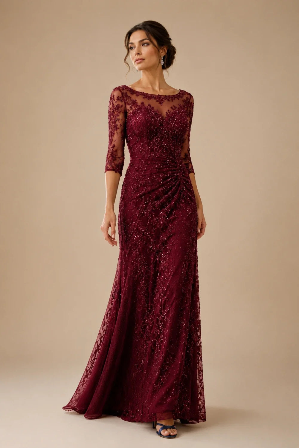 Lace Sequin Three-Quarter Sleeve Evening Gown