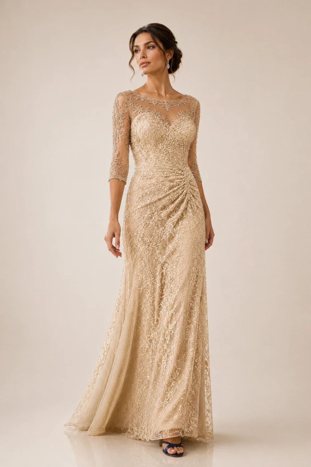 Lace Sequin Three-Quarter Sleeve Evening Gown
