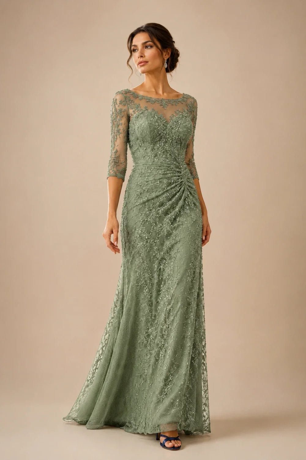 Lace Sequin Three-Quarter Sleeve Evening Gown