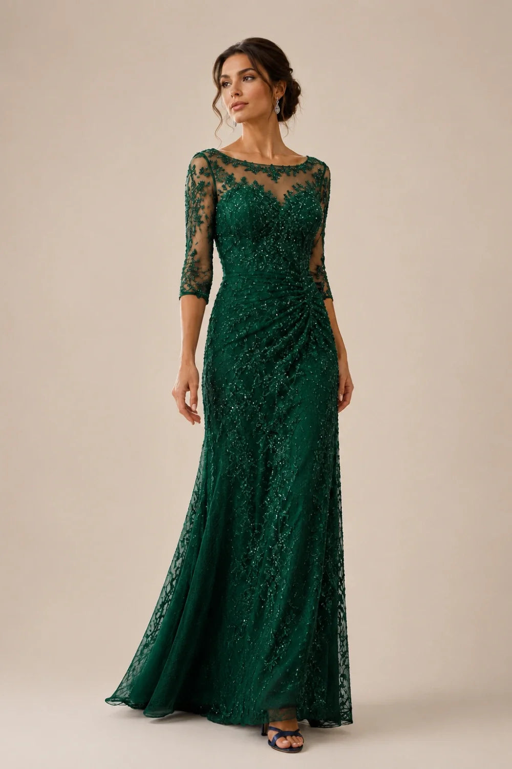 Lace Sequin Three-Quarter Sleeve Evening Gown