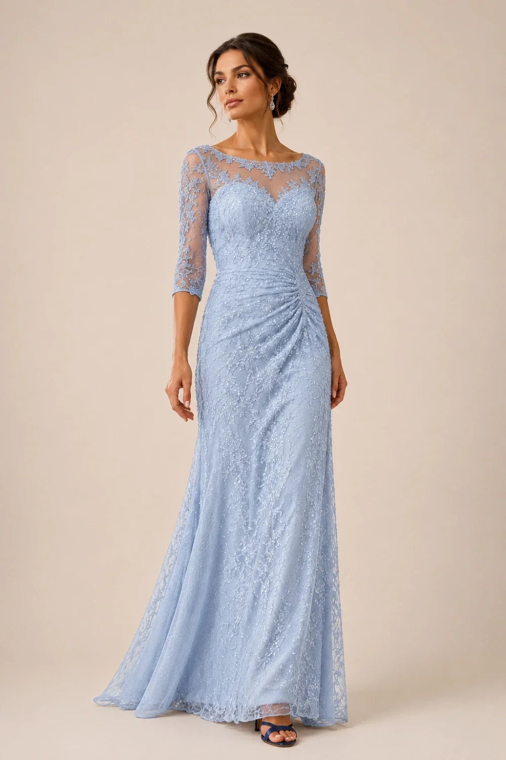 Lace Sequin Three-Quarter Sleeve Evening Gown