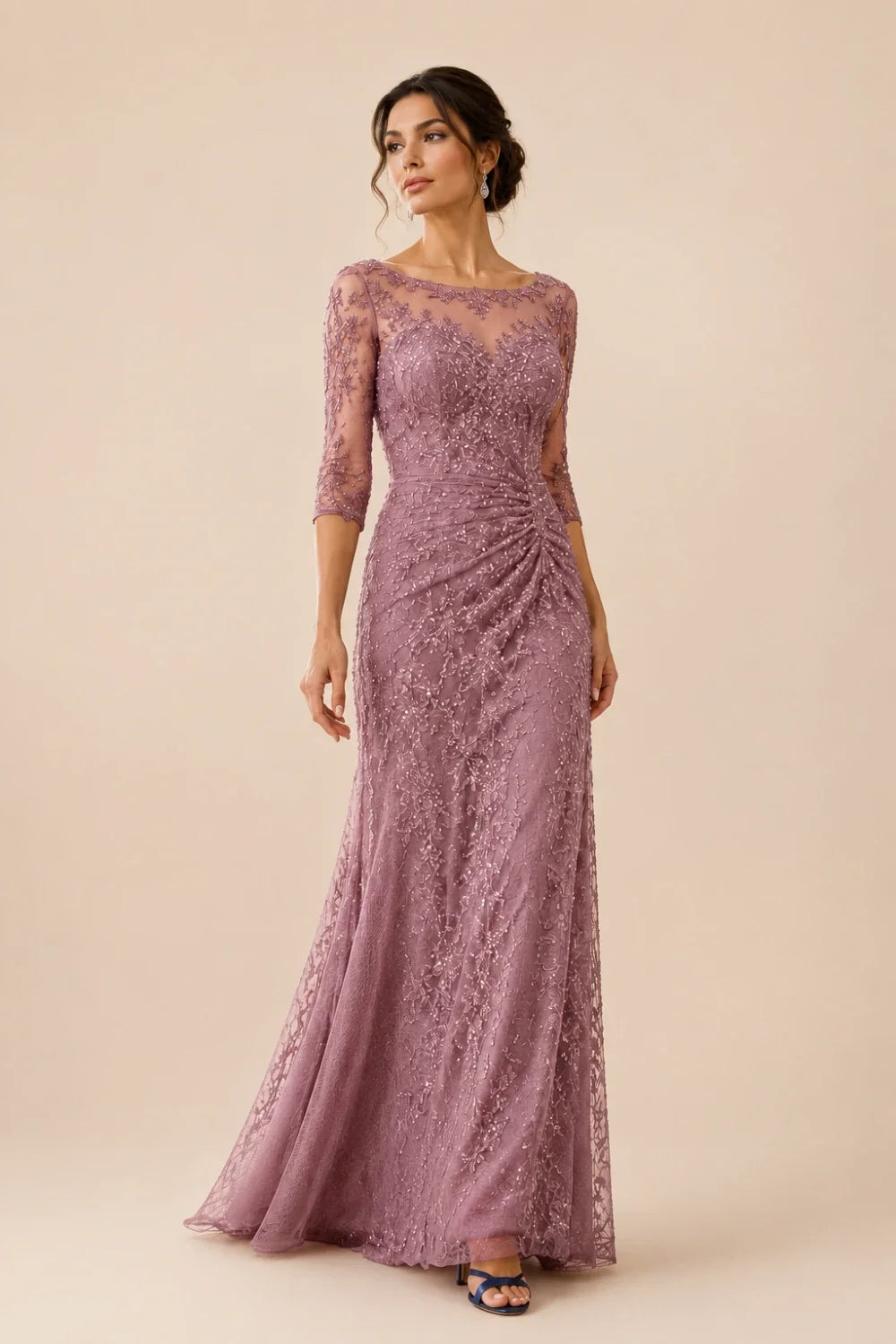 Lace Sequin Three-Quarter Sleeve Evening Gown
