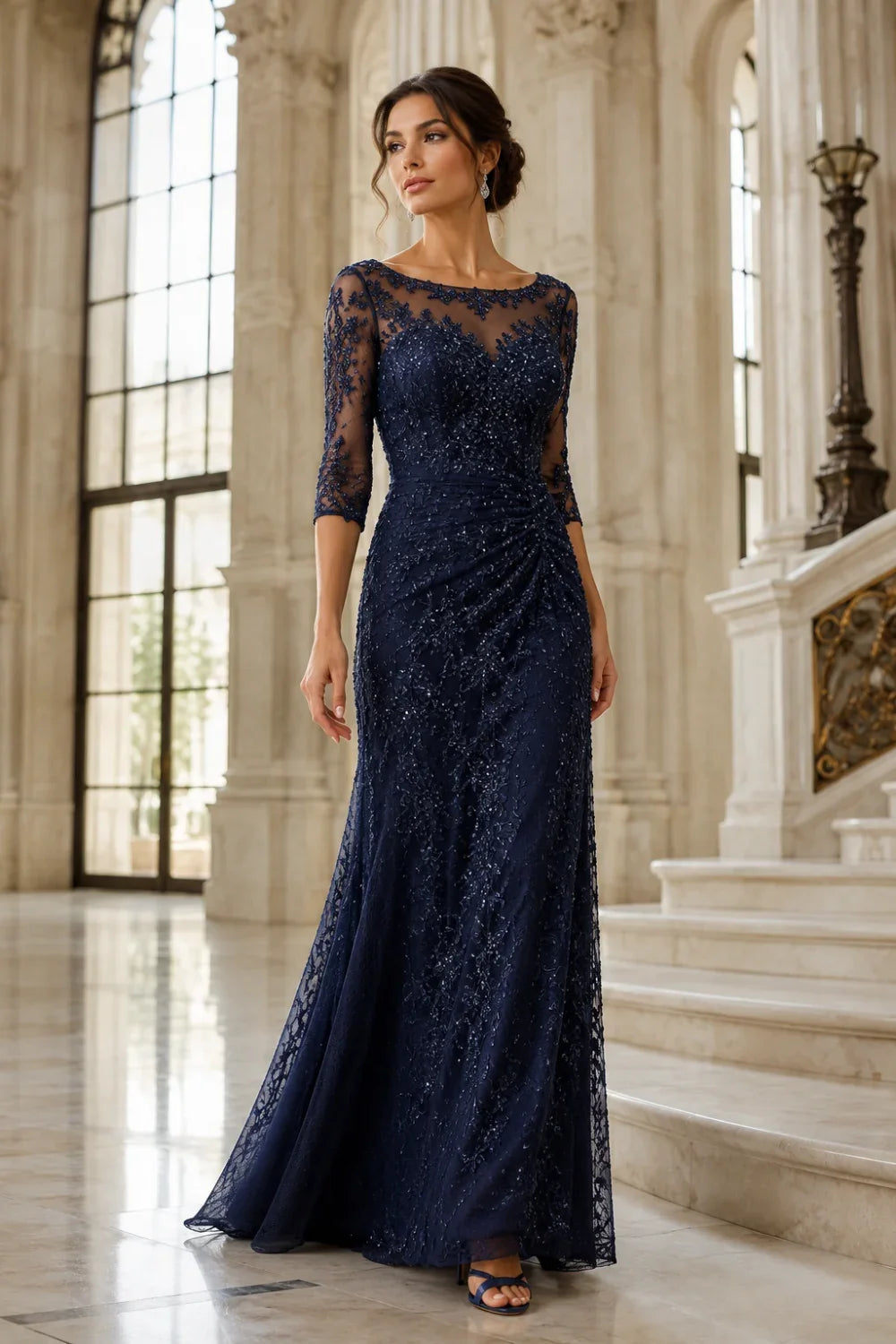 Lace Sequin Three-Quarter Sleeve Evening Gown