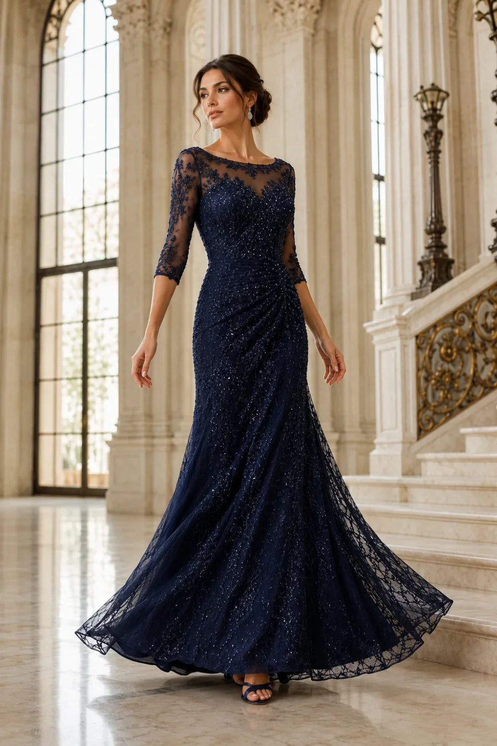 Lace Sequin Three-Quarter Sleeve Evening Gown