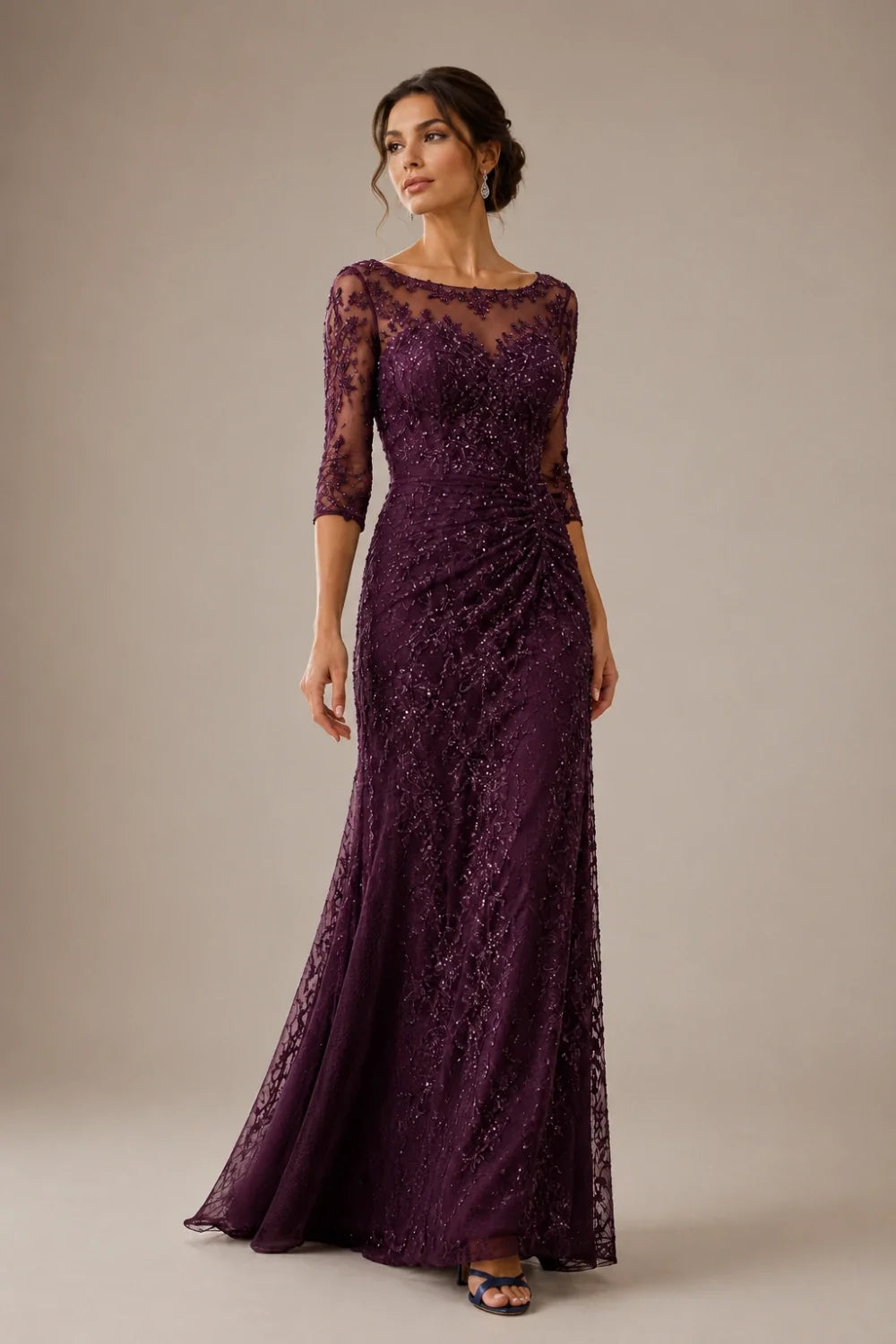Lace Sequin Three-Quarter Sleeve Evening Gown