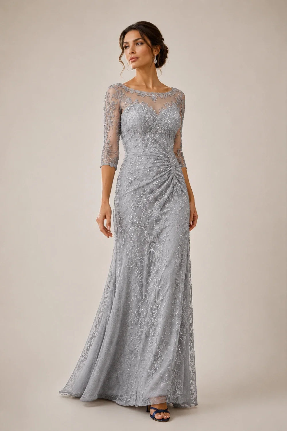 Lace Sequin Three-Quarter Sleeve Evening Gown