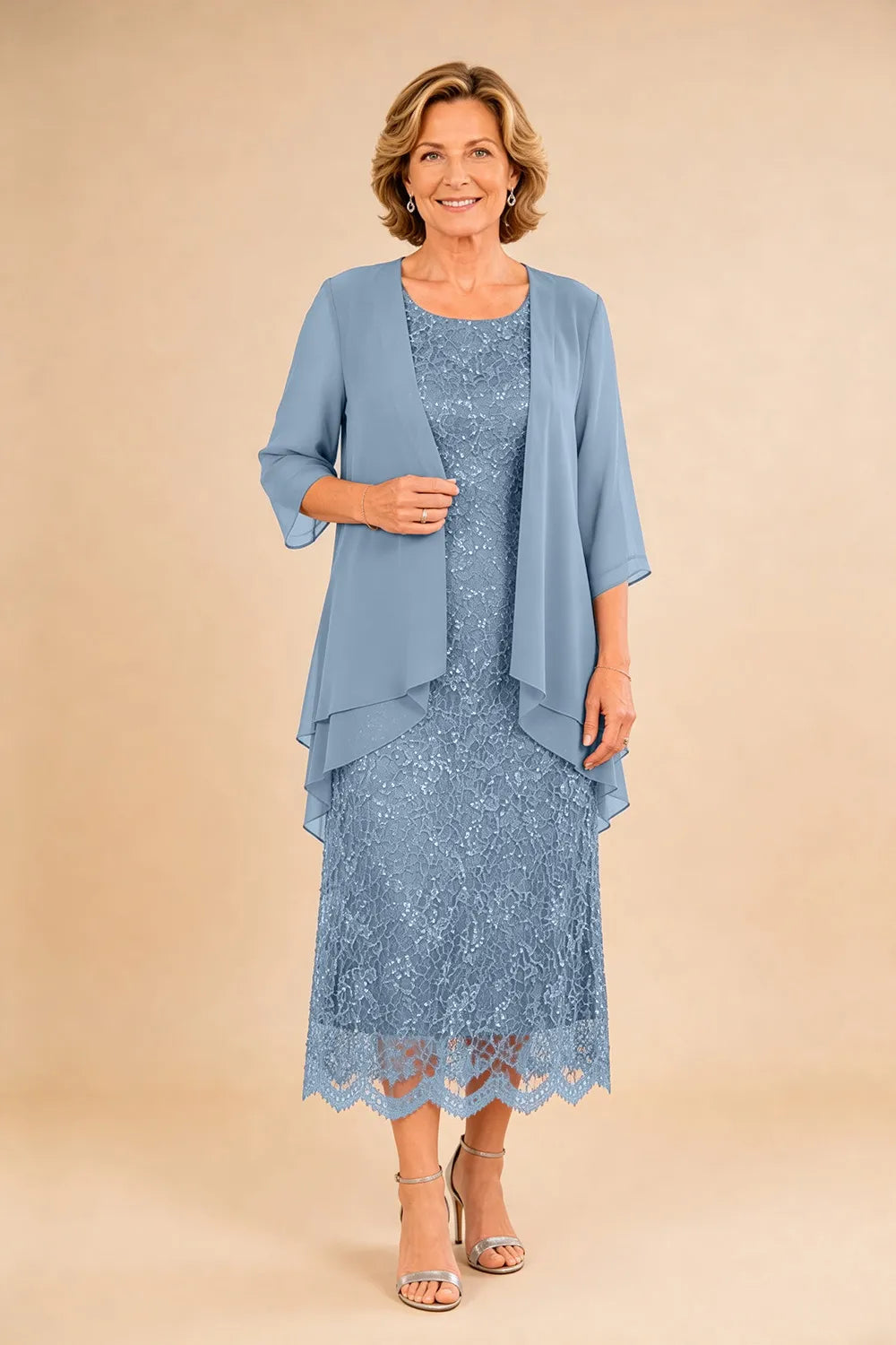 Refined Lace Midi Formal Dress with Sheer Chiffon Cover-Up