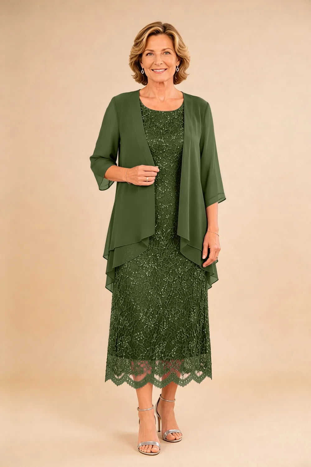 Refined Lace Midi Formal Dress with Sheer Chiffon Cover-Up