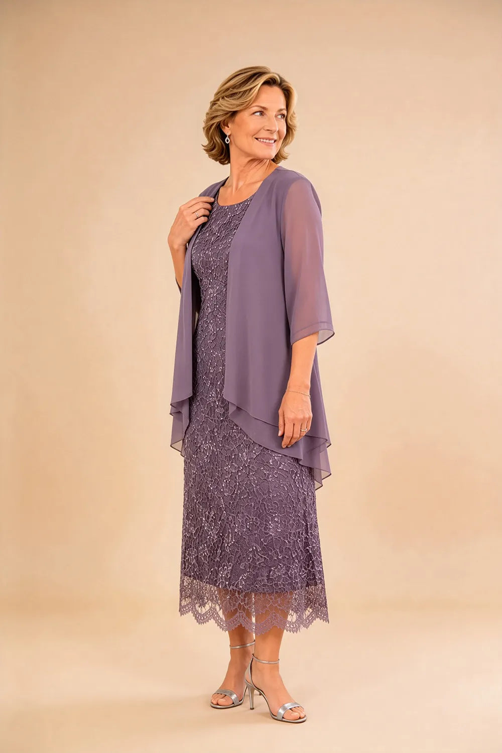 Refined Lace Midi Formal Dress with Sheer Chiffon Cover-Up