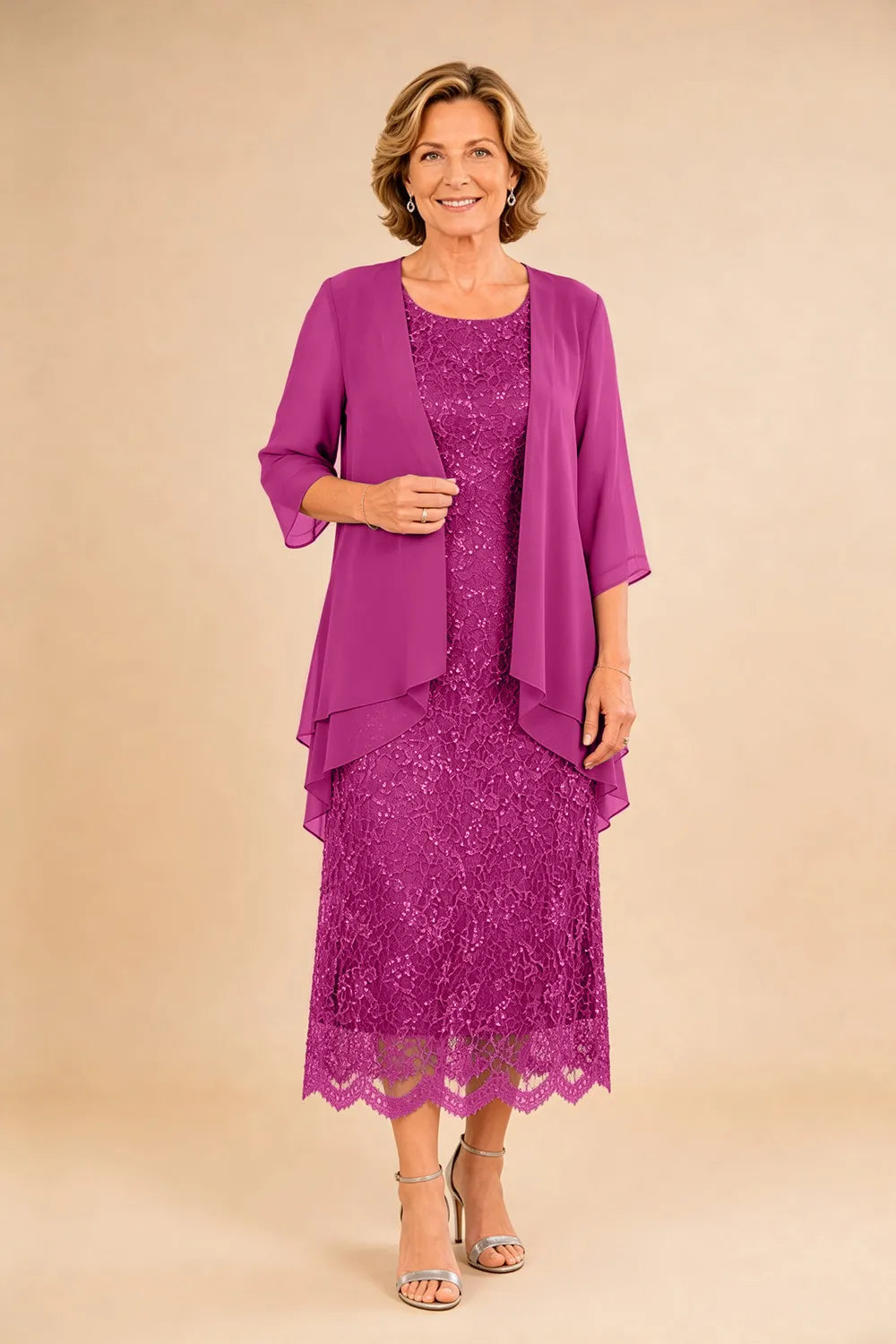 Refined Lace Midi Formal Dress with Sheer Chiffon Cover-Up