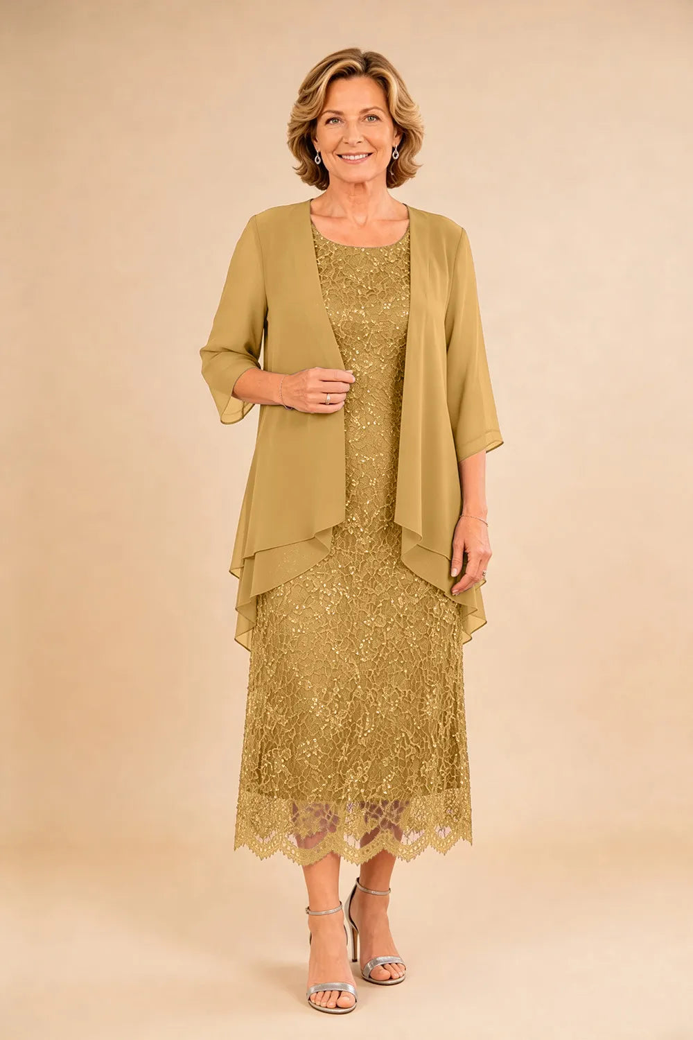 Refined Lace Midi Formal Dress with Sheer Chiffon Cover-Up