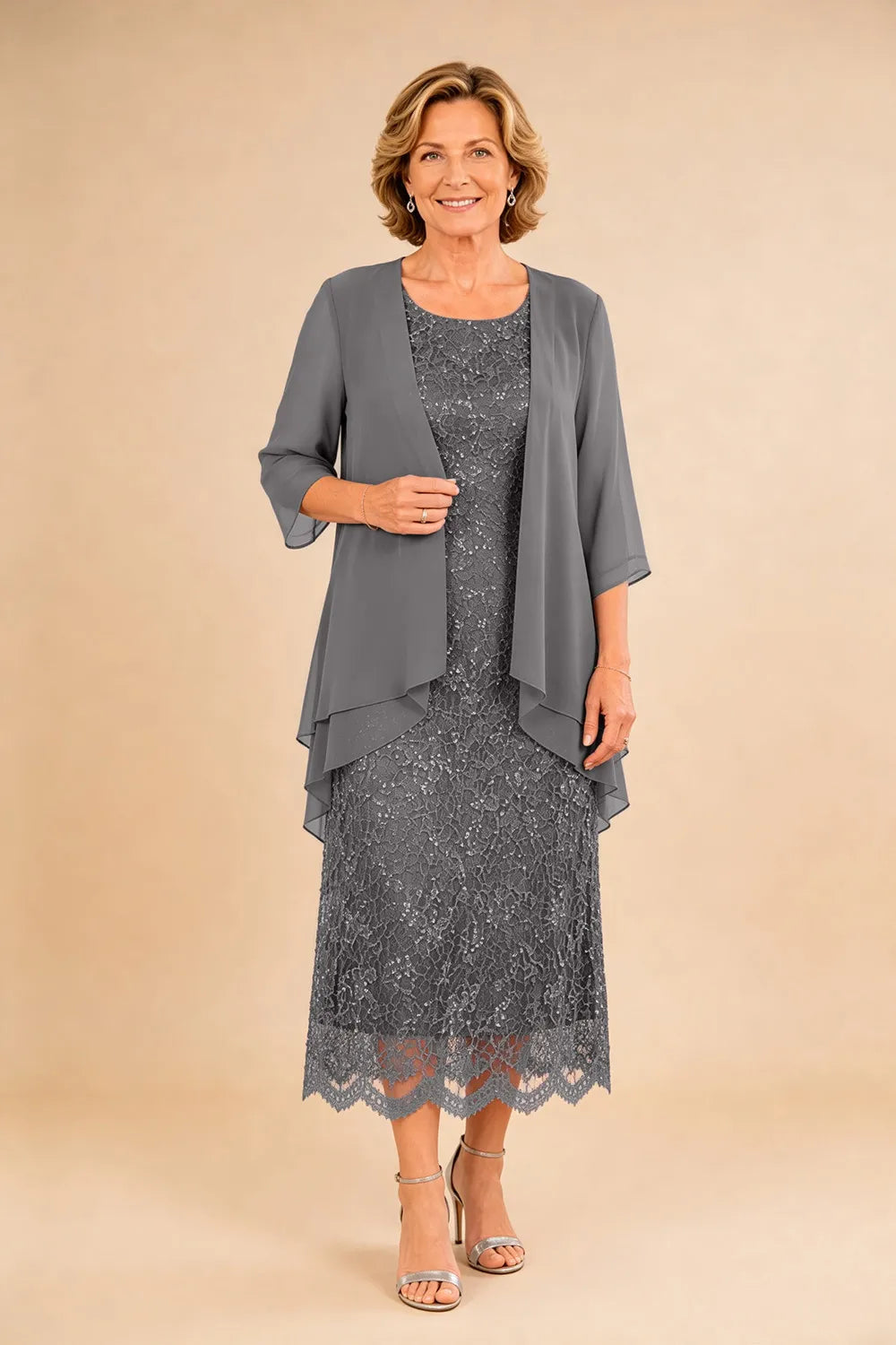 Refined Lace Midi Formal Dress with Sheer Chiffon Cover-Up