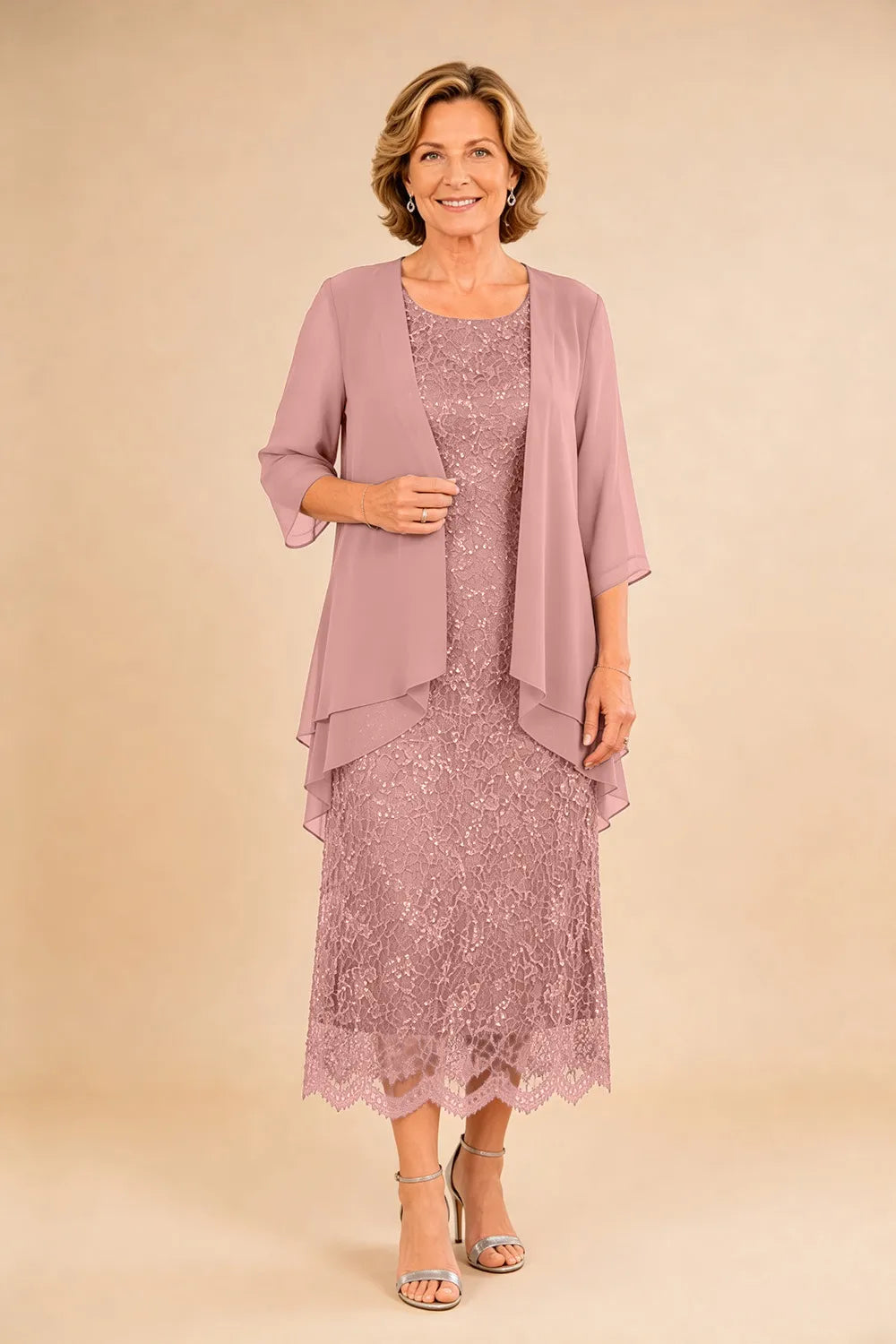 Refined Lace Midi Formal Dress with Sheer Chiffon Cover-Up