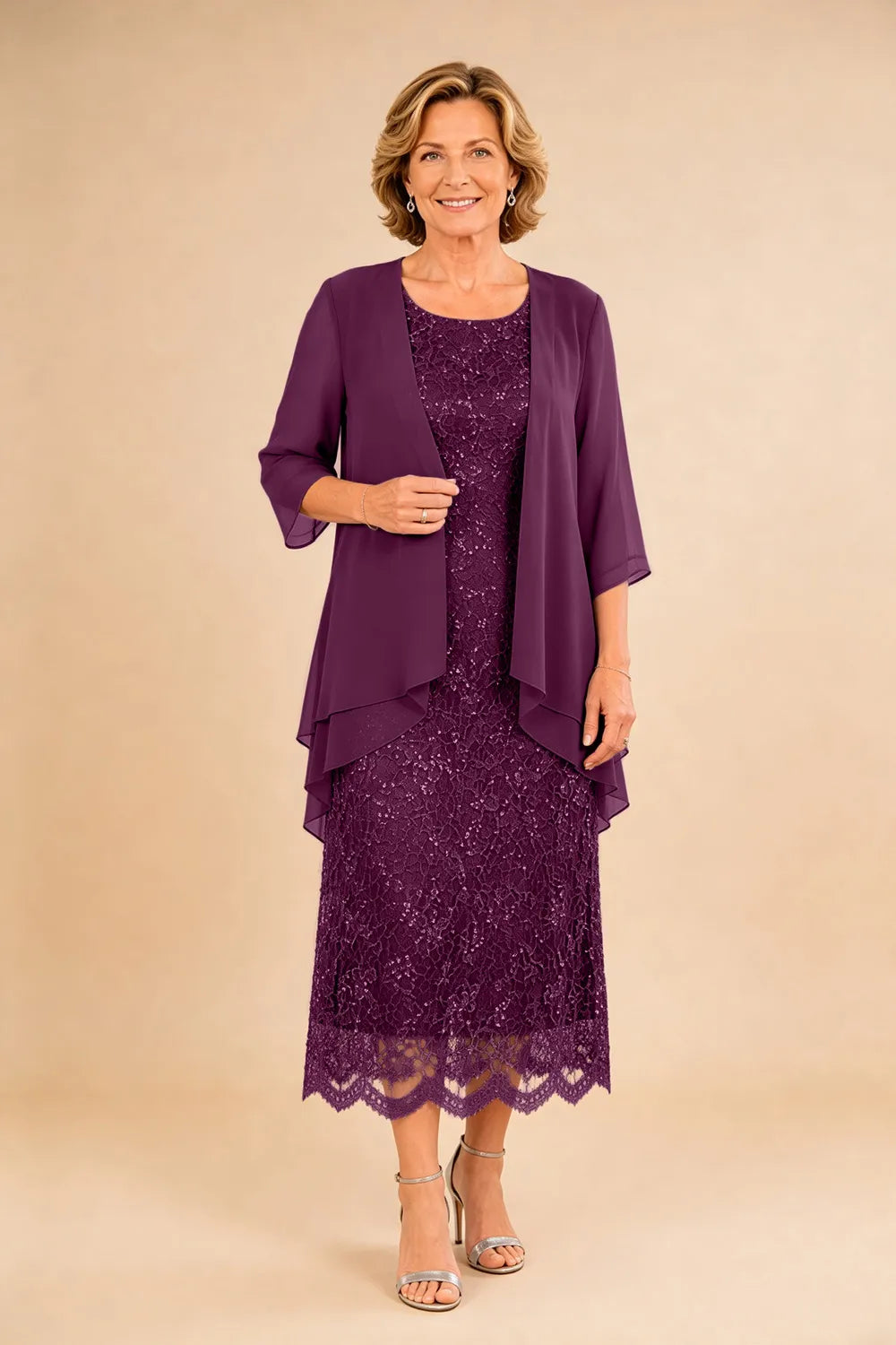 Refined Lace Midi Formal Dress with Sheer Chiffon Cover-Up