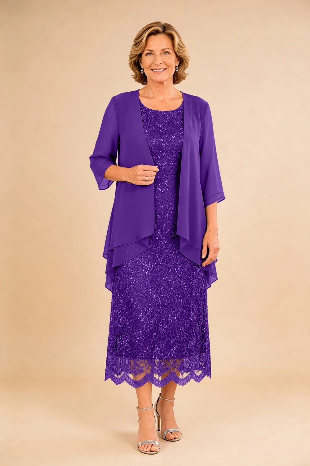 Refined Lace Midi Formal Dress with Sheer Chiffon Cover-Up