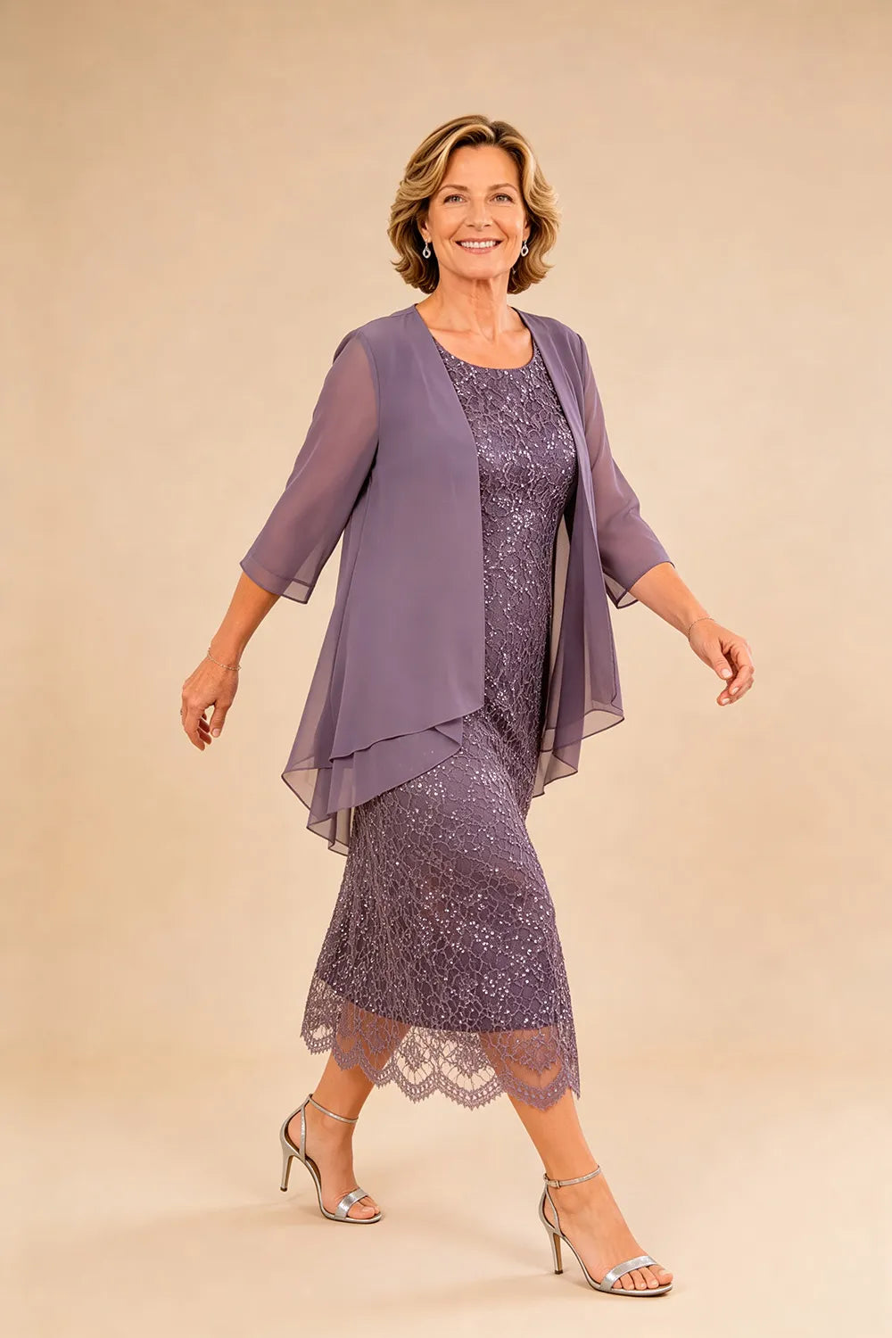 Refined Lace Midi Formal Dress with Sheer Chiffon Cover-Up