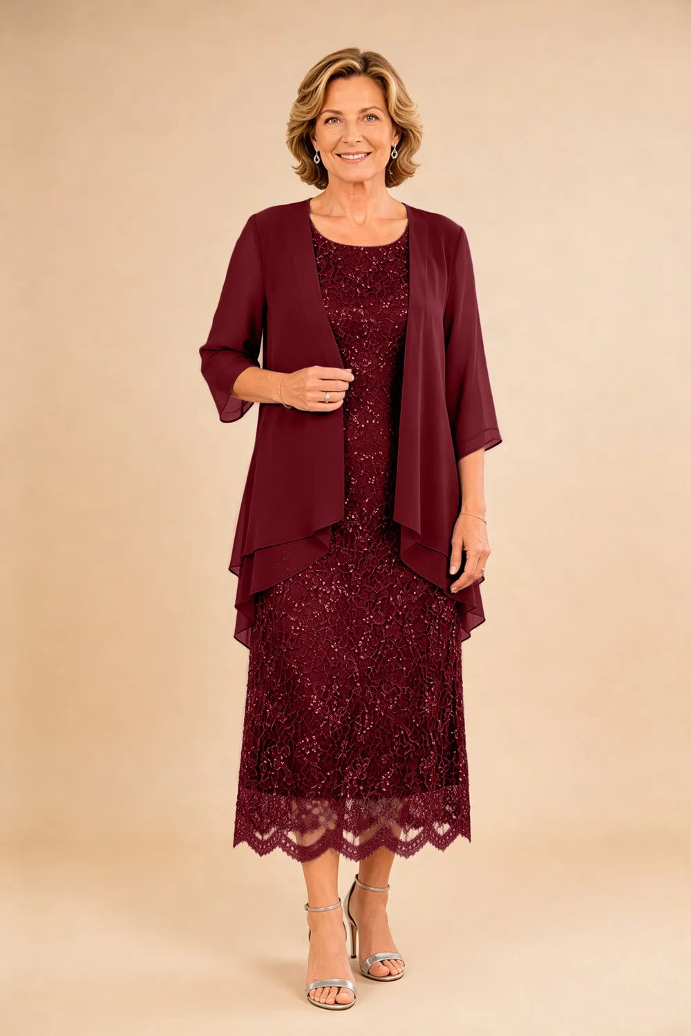 Refined Lace Midi Formal Dress with Sheer Chiffon Cover-Up