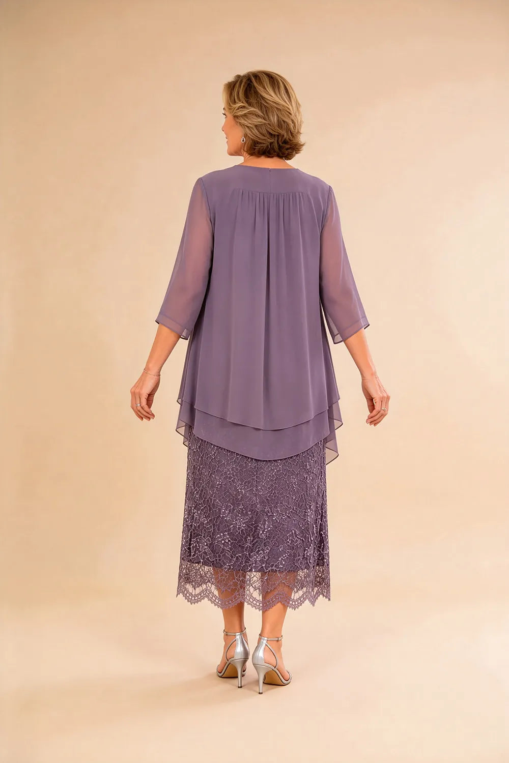 Refined Lace Midi Formal Dress with Sheer Chiffon Cover-Up