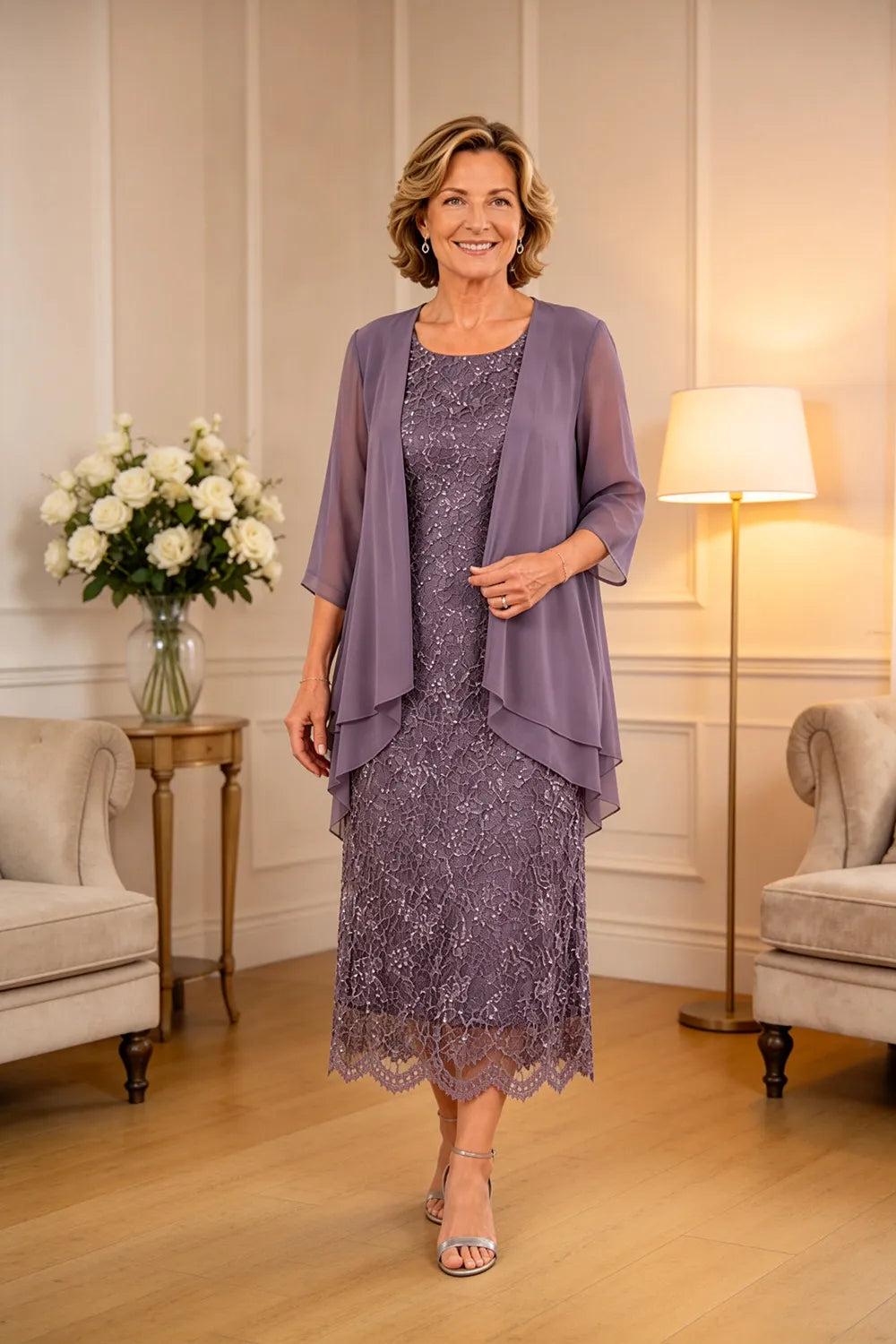 Refined Lace Midi Formal Dress with Sheer Chiffon Cover-Up