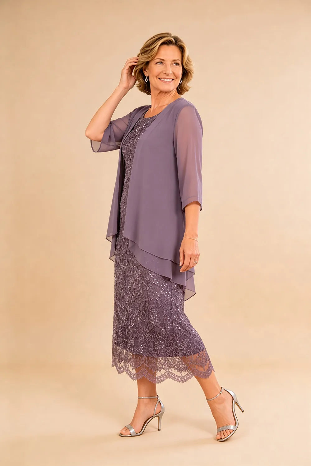 Refined Lace Midi Formal Dress with Sheer Chiffon Cover-Up