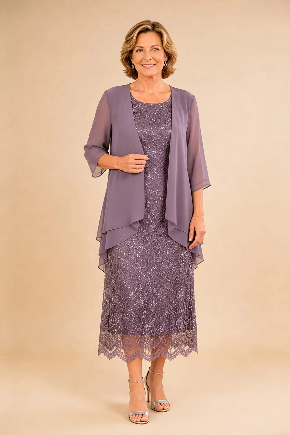 Refined Lace Midi Formal Dress with Sheer Chiffon Cover-Up