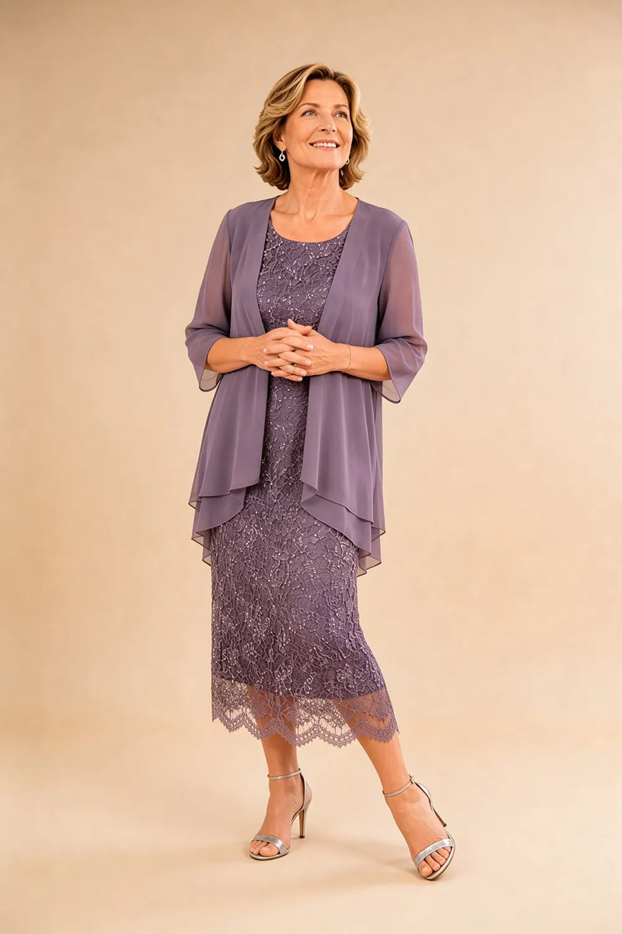 Refined Lace Midi Formal Dress with Sheer Chiffon Cover-Up