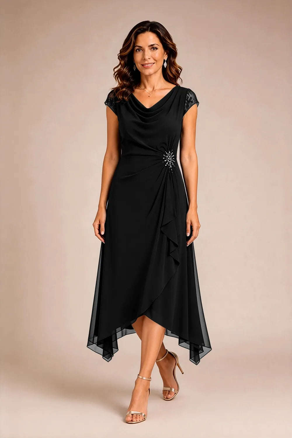 Sheer Lace Sleeve Formal Dress