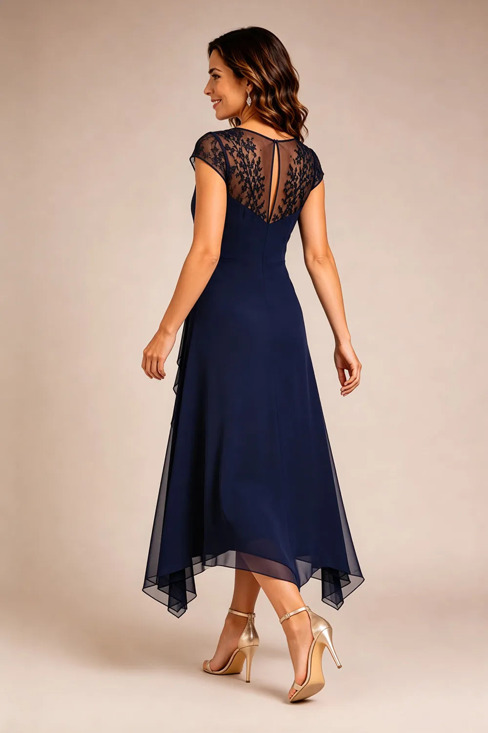 Sheer Lace Sleeve Formal Dress