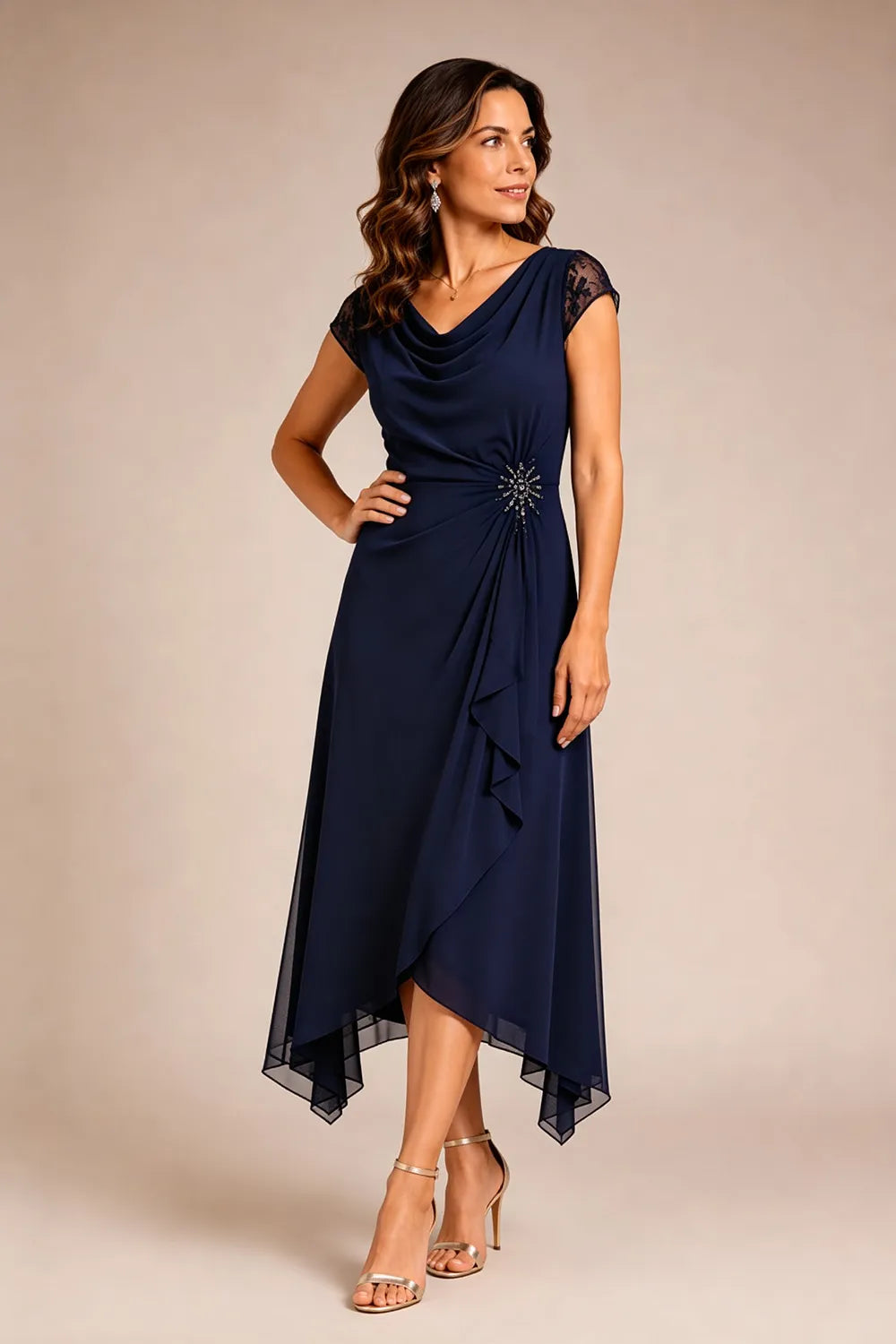Sheer Lace Sleeve Formal Dress
