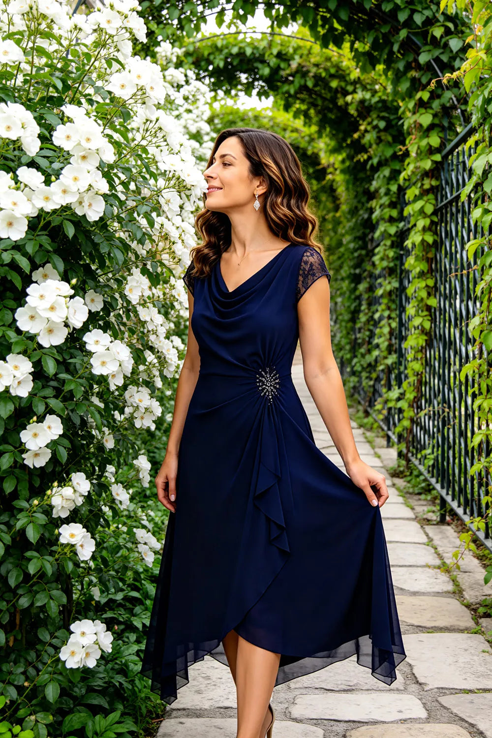 Sheer Lace Sleeve Formal Dress