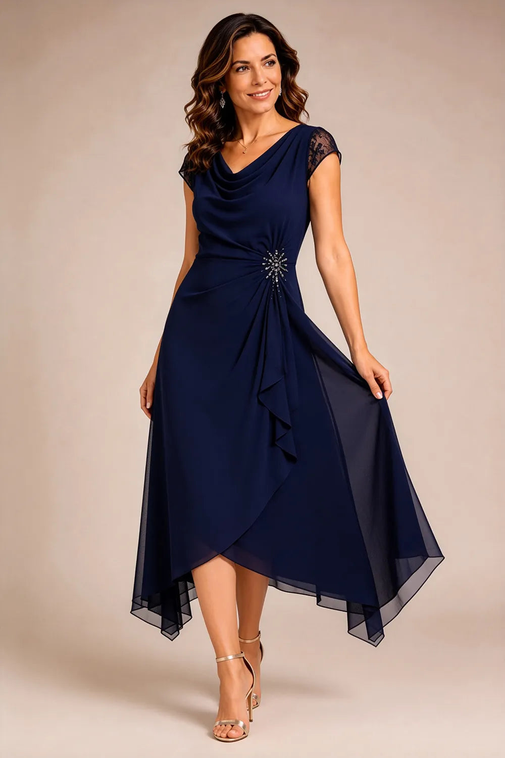 Sheer Lace Sleeve Formal Dress