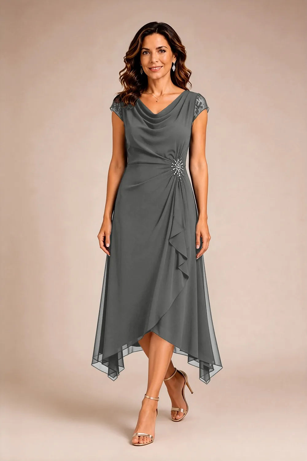 Sheer Lace Sleeve Formal Dress