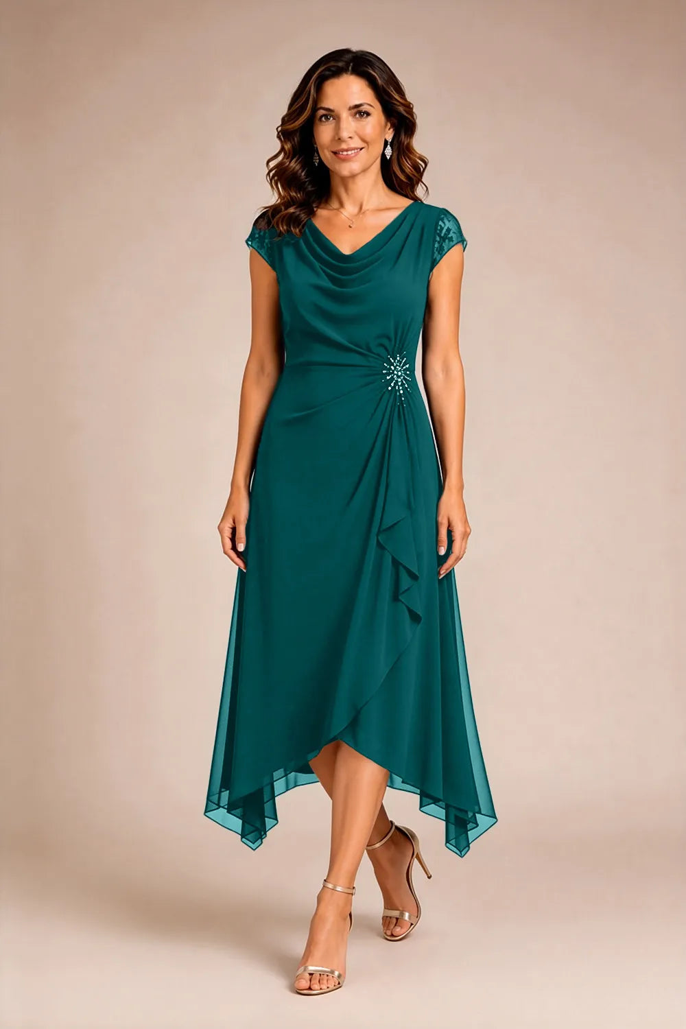 Sheer Lace Sleeve Formal Dress