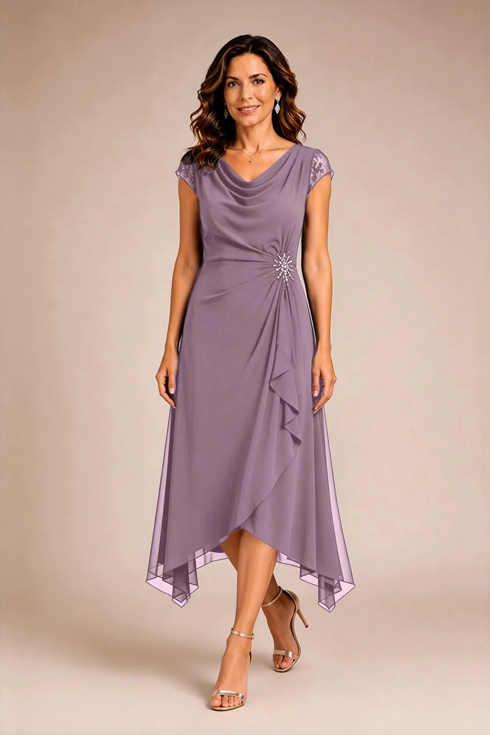 Sheer Lace Sleeve Formal Dress