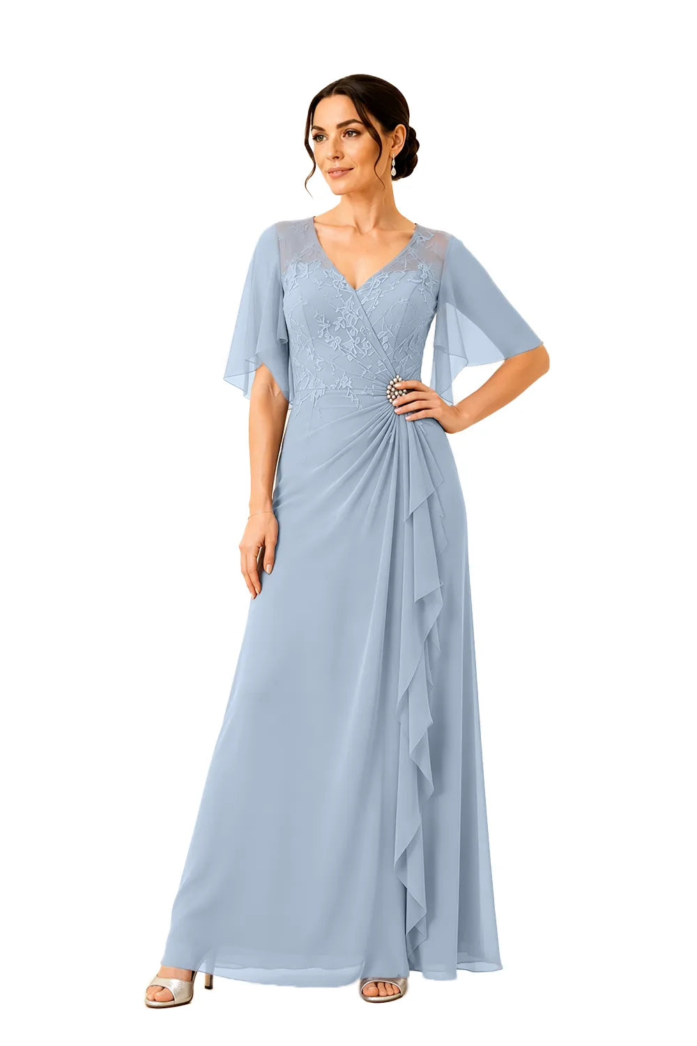 Lace Bodice Flutter Sleeve Formal Maxi Dress